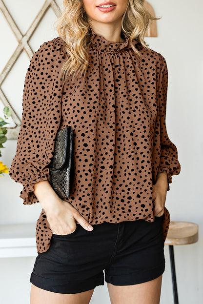 Khaki Leopard 3/4 Ruffle Sleeve Frill Neck Blouse