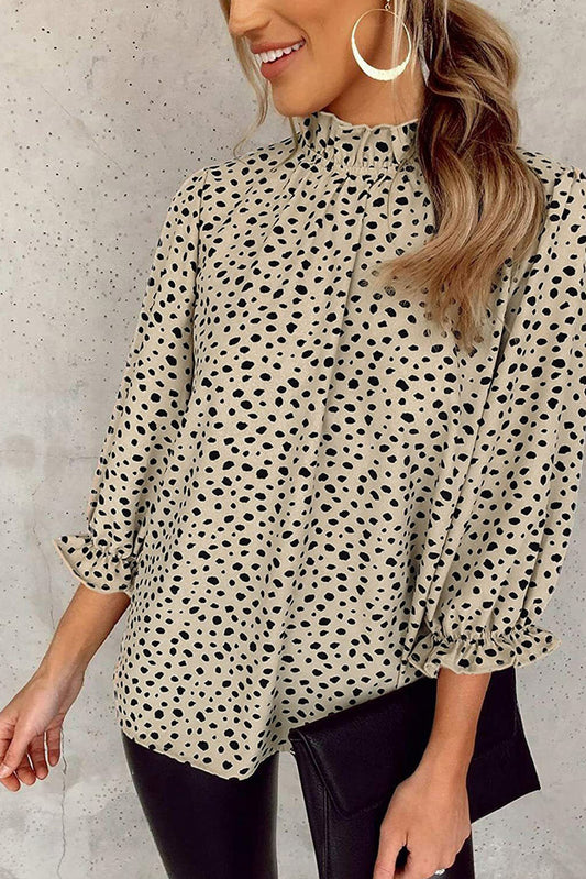 Khaki Leopard 3/4 Ruffle Sleeve Frill Neck Blouse