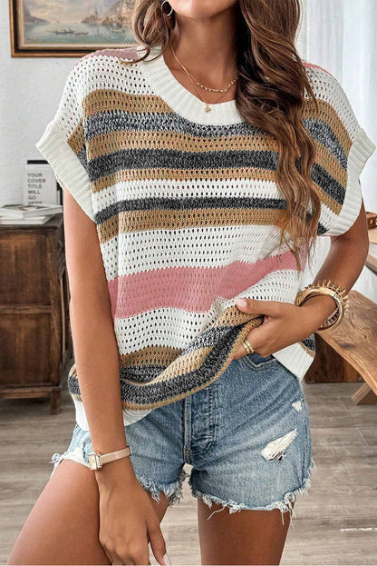 Pink Stripe Colorblock Eyelet Knit Short Sleeve Sweater Tee