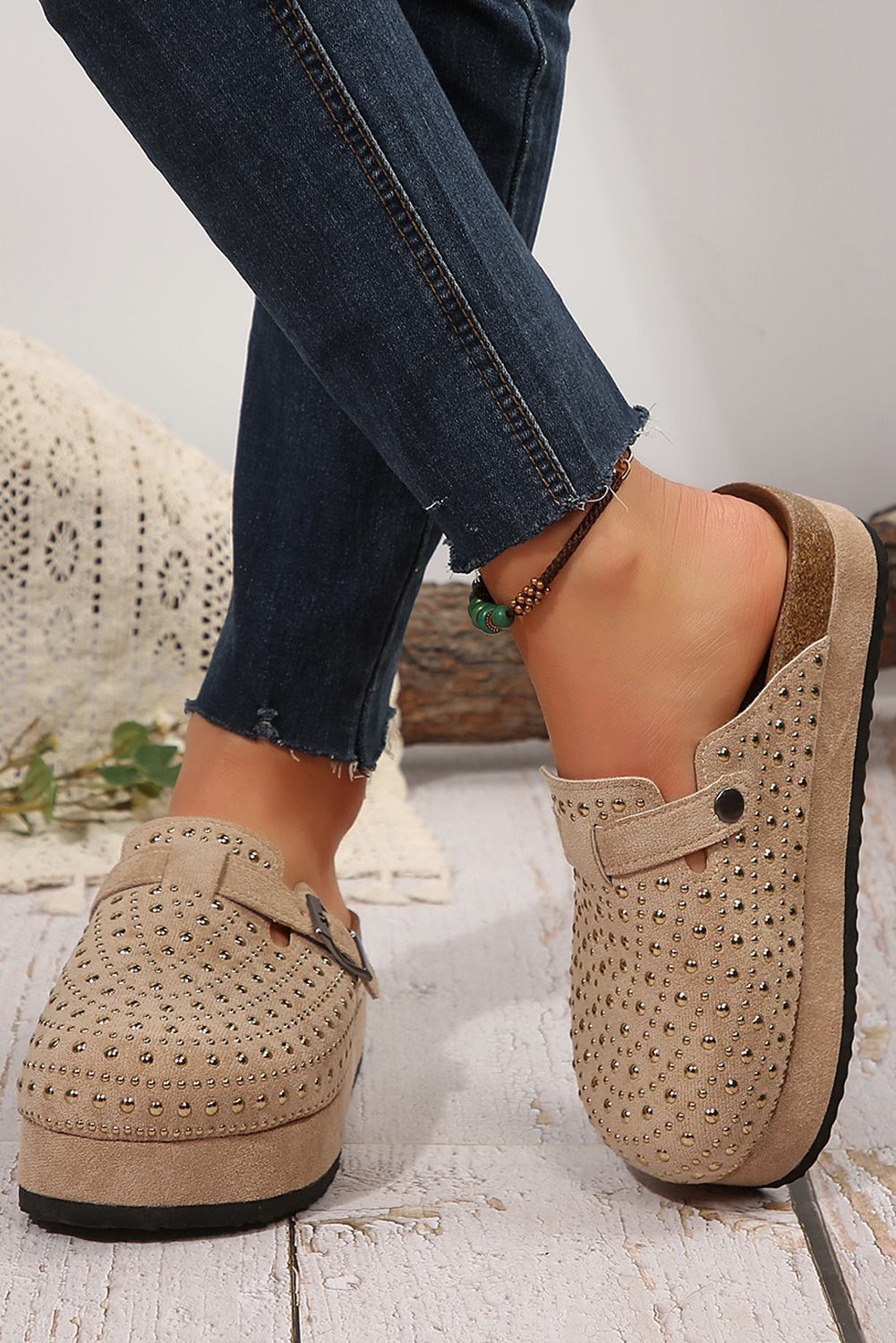 Parchment Vintage Studded Platform Slippers