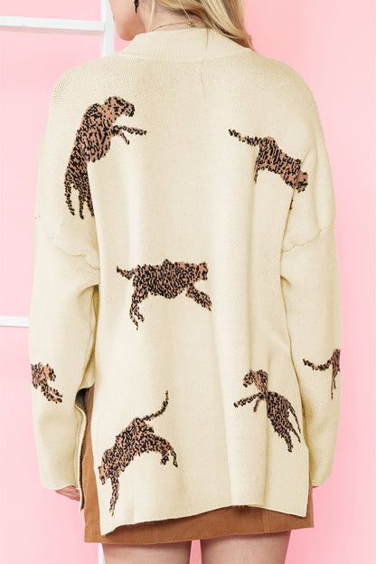 Parchment Cheetah Print High Neck Split Hem Sweater