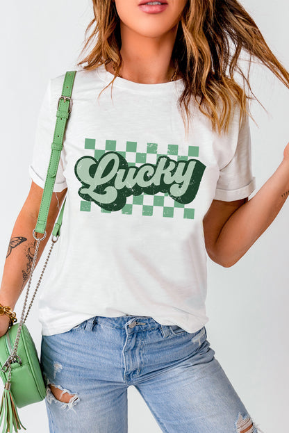 White St Patricks Day Lucky Letter Crewneck Tee