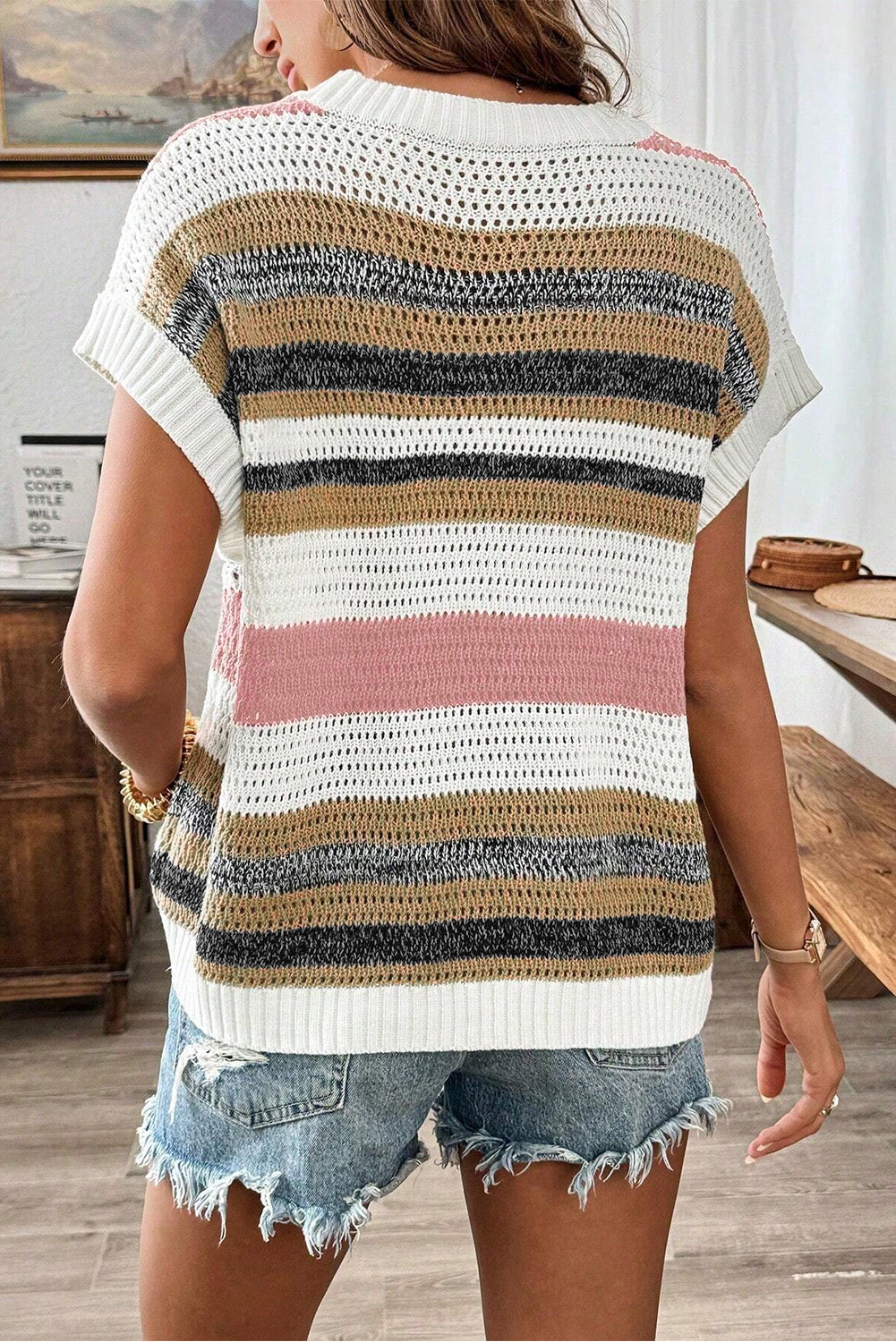 Pink Stripe Colorblock Eyelet Knit Short Sleeve Sweater Tee