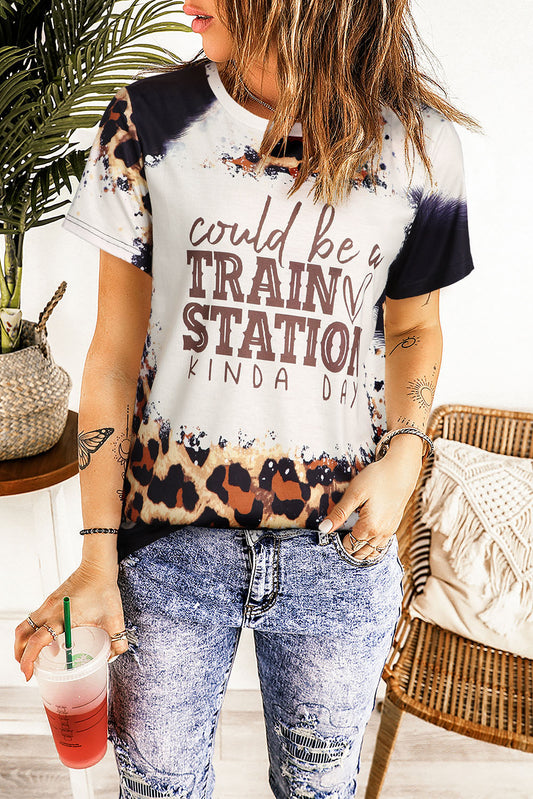 Brown Leopard Print TRAIN STATION Graphic T Shirt