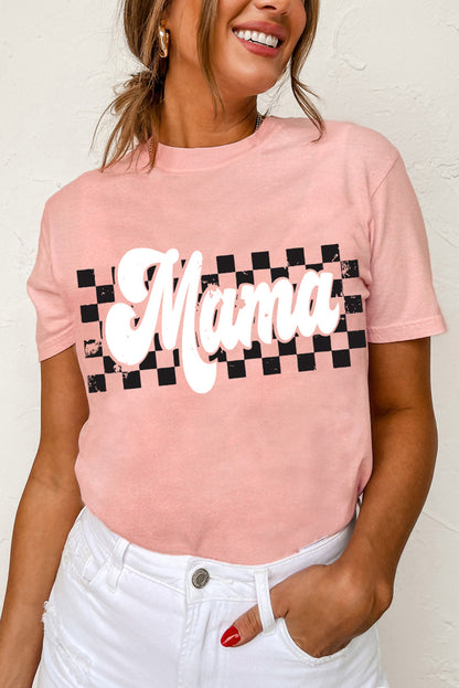 Pink Mama Checkered Graphic O Neck Casual T Shirt