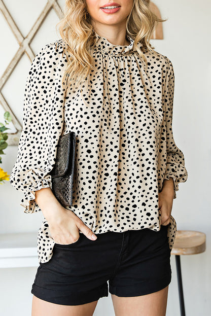 Khaki Leopard 3/4 Ruffle Sleeve Frill Neck Blouse