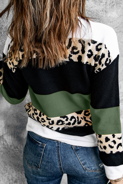 Green Leopard Color Block Casual Knit Pullover Sweater
