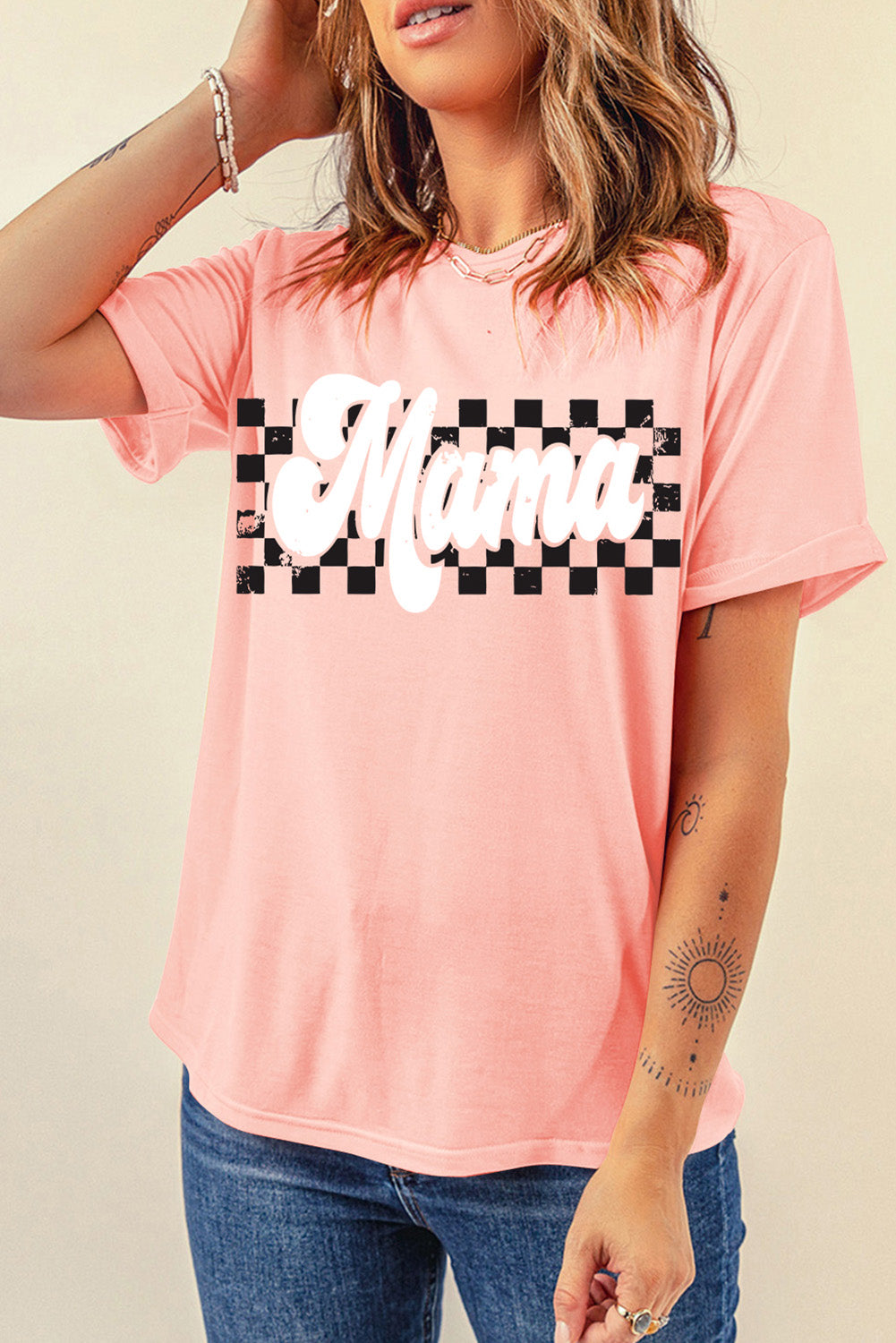 Pink Mama Checkered Graphic O Neck Casual T Shirt