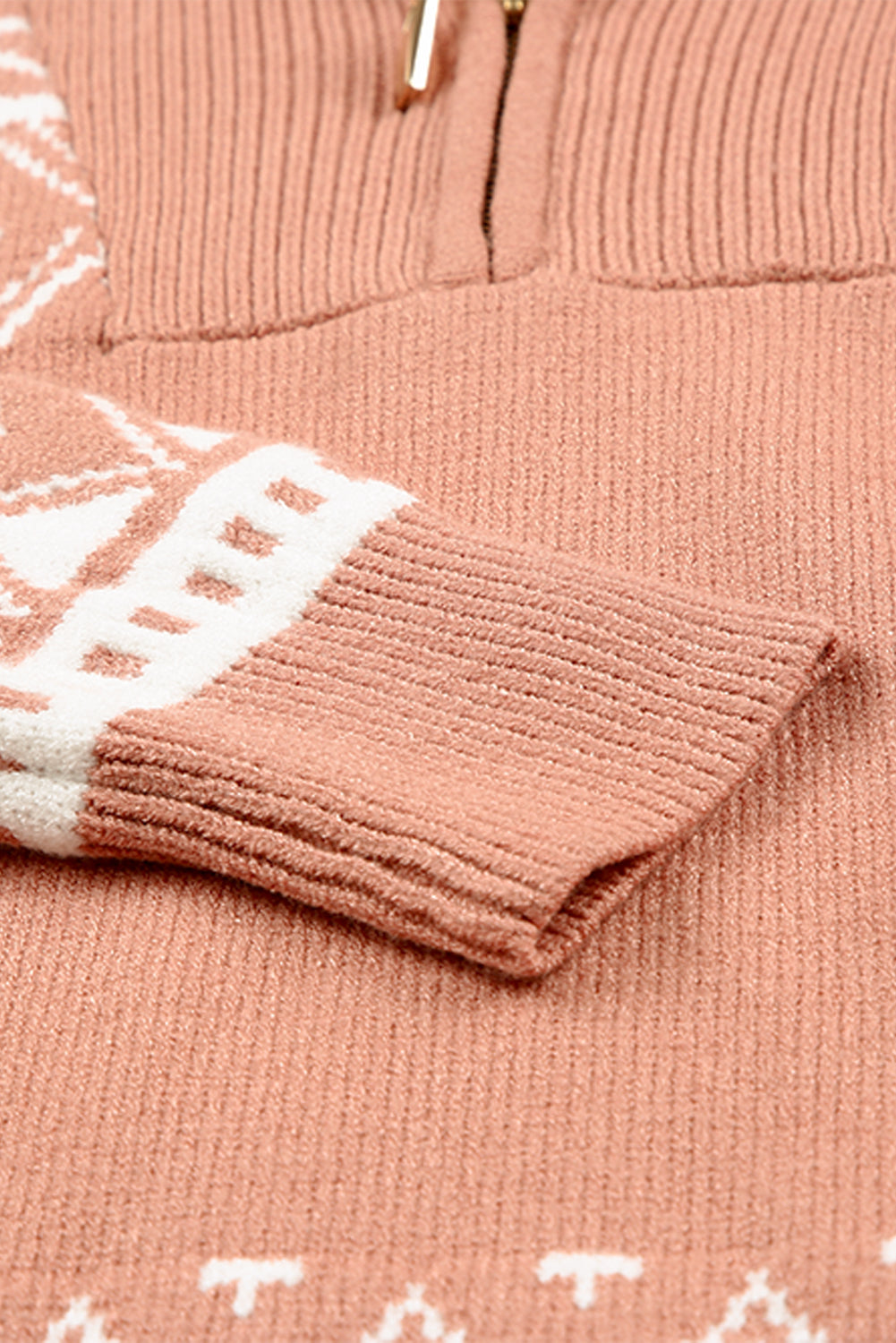 Pink Casual Geometric Knit Quarter Zip Sweater