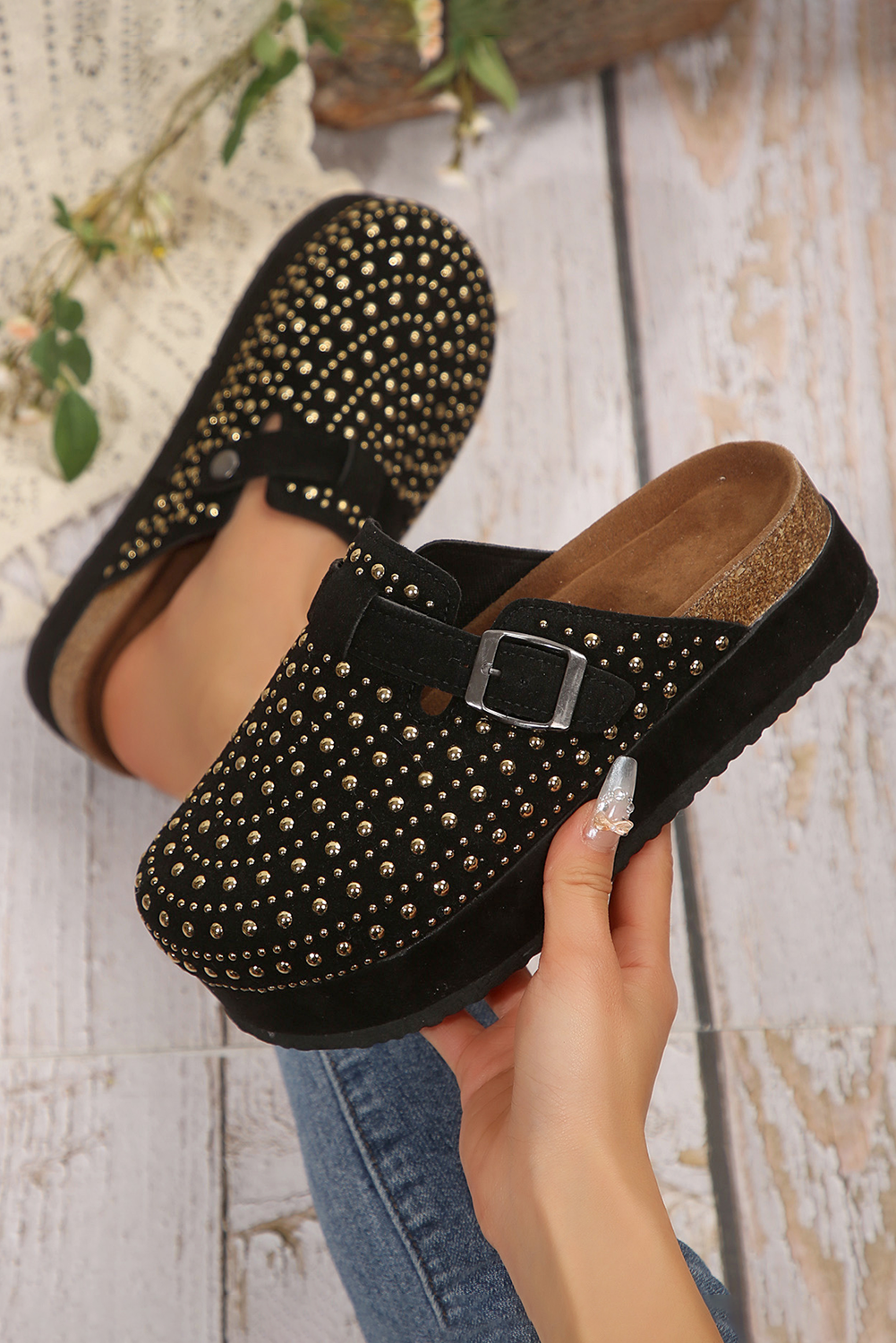 Parchment Vintage Studded Platform Slippers